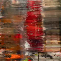 Abstract schilderij met levendige strepen oranje met blauw, rood en bruin.