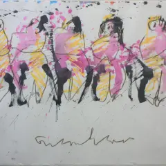 Abstracte figuren in roze en geel, met zwarte en paarse accenten. Een kenmerkende handtekening van Anton Heiboer onderaan.
