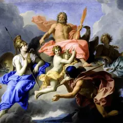 Een hemelse bijeenkomst met bekende griekse goden namen: Zeus, Athena, Apollo, Hermes en meer, zwevend op wolken.
