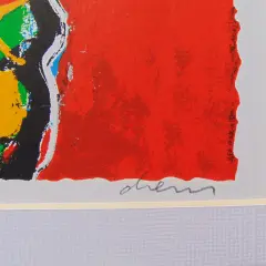 Abstracte kleuren met een rode achtergrond en een handtekening van Peter Diem.