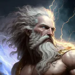 De griekse oppergod Zeus, met wapperend wit haar en baard, omringd door bliksem. Zijn blauwe ogen kijken intens.