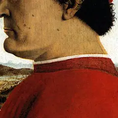 Een man in rood, met een landschap op de achtergrond. Een van de bekende portretten uit de Renaissance.