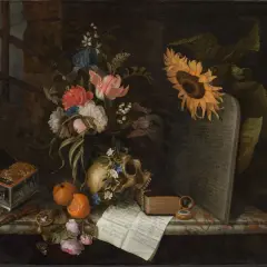 Vanitas still life with flowers, skull, open box of coins, oranges, and a book with Hebrew text.
