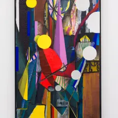 Abstract collage met felle kleuren en vormen, kenmerkend voor Tjebbe Beekman.