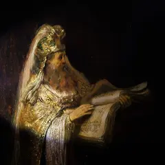 Een oude man met een lange baard, gekleed in rijke gewaden, leest in een boek. Het lijkt de nieuwe Rembrandt.