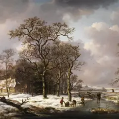 A Dutch winter landscape with people skating on a frozen canal, a thatched cottage, and bare trees under a cloudy sky.