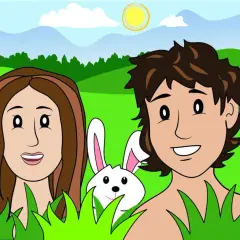 Adam en Eva, met een konijn en lieveheersbeestje, in een paradijselijke tuin.
