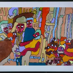 Levendige, expressieve marion bloem schilderijen met een groep kleurrijke, abstracte figuren in een drukke scène.