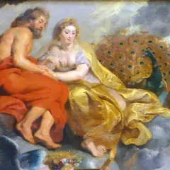 Zeus en Hera, de koning en koningin van de goden, omringd door pauwen en een adelaar. Hera is de vrouw van Zeus.