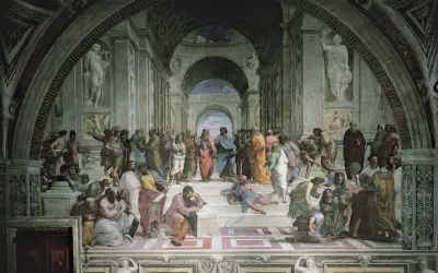 De School van Athene: een fresco met filosofen in een klassieke architectuur. Plato en Aristoteles staan centraal, omringd door denkers.