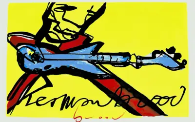 Abstracte afbeelding met een blauwe gitaar en rode accenten, met de handtekening van Herman Brood.