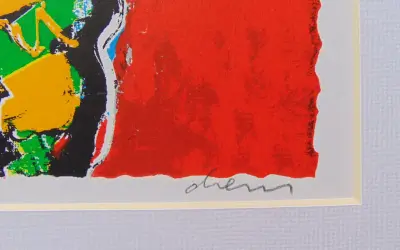Abstracte kleuren met een rode achtergrond en een handtekening van Peter Diem.
