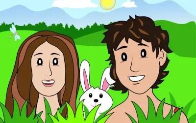 Adam en Eva, met een konijn en lieveheersbeestje, in een paradijselijke tuin.