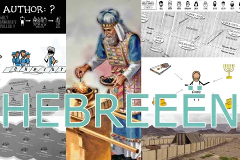 Een collage met Bijbelse afbeeldingen, waaronder een priester, een stamboom met Abel, en de tekst "HEBREËN".