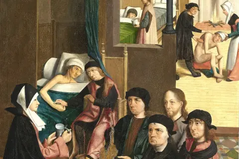 Een tafereel van de zeven werken van barmhartigheid: zieken verzorgen, doden begraven en de armen voeden.