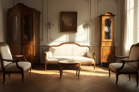 Een salon in biedermeier stijl met een bank, twee stoelen, een salontafel en kasten.