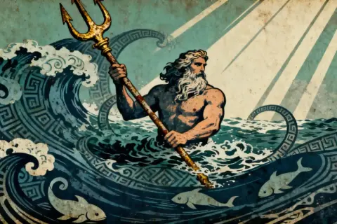 Wie is Poseidon? De god van de zee, met drietand, te midden van woeste golven en vissen.