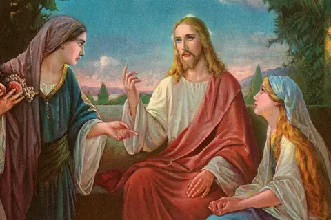 Jezus zit met twee vrouwen, een met fruit, en legt hen iets uit. Wie is Jezus?