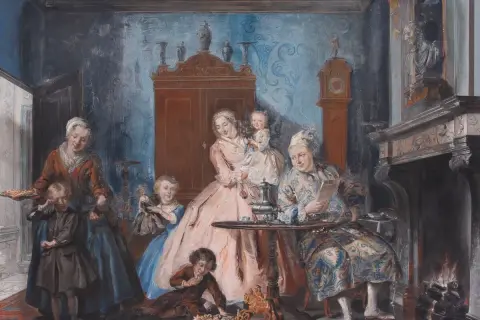 Een tafereel van Cornelis Troost: een gezin geniet van een gezellige middag met koekjes en thee, terwijl de haard knispert.