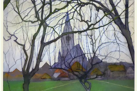 Een schilderachtig **dutch landscape** met een kerk en huizen, omlijst door kale takken.