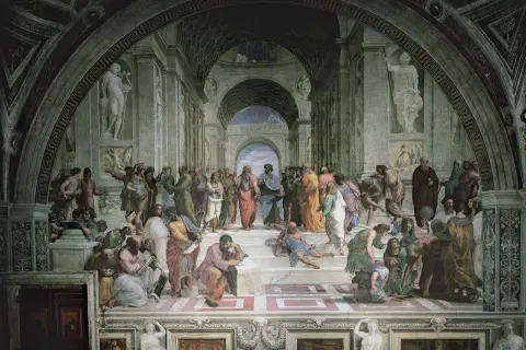 De School van Athene: een fresco met filosofen in een klassieke architectuur. Plato en Aristoteles staan centraal, omringd door denkers.