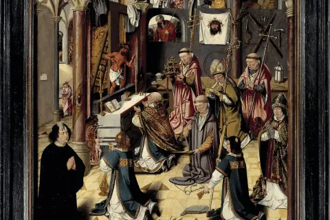 Gedetailleerd tafereel met religieuze figuren, een altaar en symbolen van het lijden van Christus, kenmerkend voor middeleeuwse schilderijen.