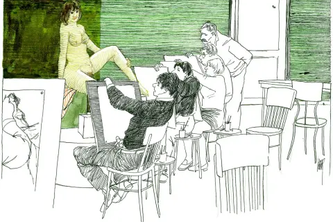 Een kunstklas tekent een naaktmodel. De sfeer is serieus, maar de pose van het model kan als erotische prenten worden beschouwd.