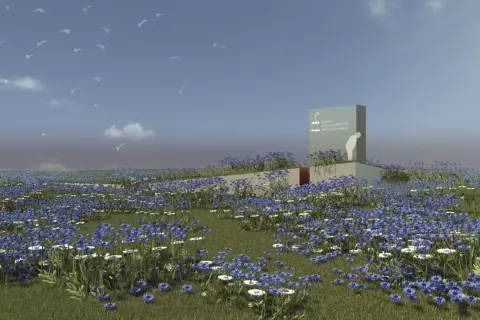Een bloeiend landschap met een waterval, omringd door blauwe korenbloemen en witte margrieten. Vogels vliegen in de lucht.