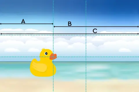 Een badeend op het strand, met lijnen die de gulden snede verhouding illustreren.