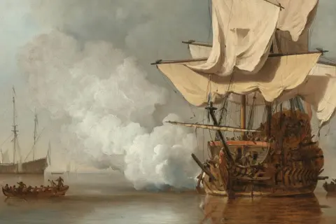 Twee majestueuze hollandse schepen varen op een kalme zee, omringd door mist en kleine roeiboten met zeelieden.