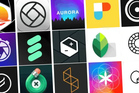 Collage met diverse **foto app iPhone** iconen, waaronder een zonsondergang, een lens, een blad en geometrische vormen.
