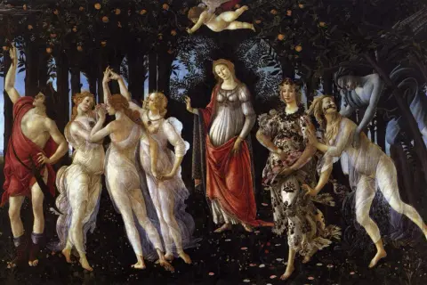 Een prachtig staaltje Italiaanse kunst: nimfen dansen in een bos, terwijl Cupido pijlen schiet.