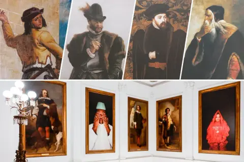 Collage van schilderijen met historische figuren in diverse kledij, van renaissance tot moderne portretten.