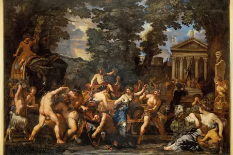 Bacchus, de griekse god van de wijn, viert feest met nimfen en saters. Een triomftocht vol plezier en overvloed.