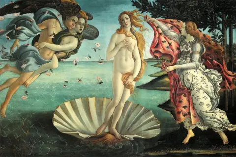Venus op de schelp, een iconisch werk van renaissance kunst. Ze wordt aangeblazen door de windgoden en verwelkomd door een nimf.