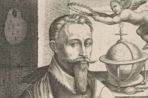 Hendrick Goltzius, een man met een sik, kijkt ernstig. Een putto met een lauwerkrans boven een aardbol met een brandende kaars.