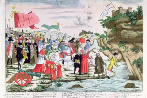 Spotprent Franse Revolutie: geestelijken en edelen vluchten voor de revolutie, terwijl de constitutie op een rots staat.