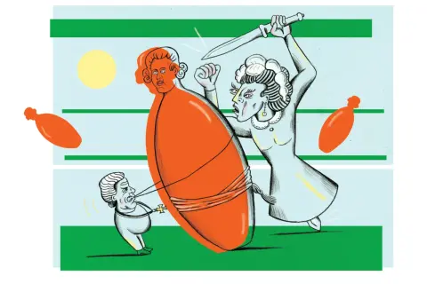 Spotprent Willem V: een vrouw met zwaard dreigt een oranje figuur, terwijl een klein mannetje aan een touw trekt.