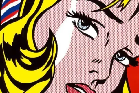 Close-up van een vrouwengezicht in pop-artstijl. Deze Amerikaanse popartkunstenaar liet zich inspireren door cartoons, wat te zien is aan de strakke lijnen en stippen.