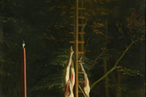 Gruwelijk gebroeders de witt schilderij toont twee opgehangen lichamen in een bos, met een ladder en een paal met een punt.