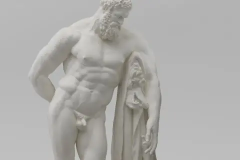 De Farnese Hercules, een marmeren beeld van een gespierde man met baard, leunt vermoeid op zijn knuppel, de huid van de Nemeïsche leeuw over zijn arm.