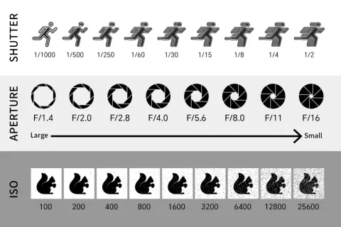 Diagram toont sluitertijd, diafragma (f-stops) en ISO. Van snelle sluitertijd tot langzaam, groot diafragma tot klein, en lage ISO tot hoge ISO met toenemende ruis.