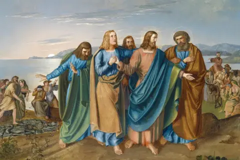 Jezus leidt zijn discipelen, waaronder Petrus, langs de zee. Een menigte volgt hen, sommigen met ezels.