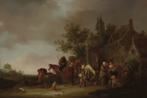 Een levendige scène van Van Ostade met mensen, paarden en kippen bij een herberg, onder een dramatische hemel.