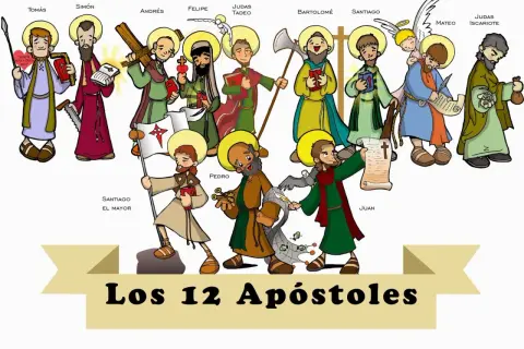 De twaalf apostelen van Jezus, elk met hun eigen symbool, zoals Petrus met de sleutels en Johannes met een adelaar.