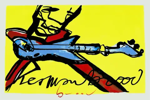 Abstracte afbeelding met een blauwe gitaar en rode accenten, met de handtekening van Herman Brood.
