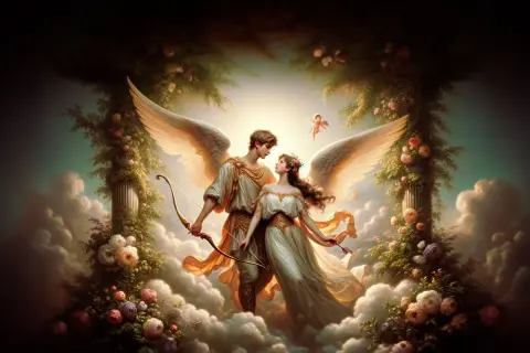 Een gevleugelde man met een boog en pijl, en een vrouw met bloemen in haar haar, omringd door wolken en rozen. Dit is de ware eros betekenis.