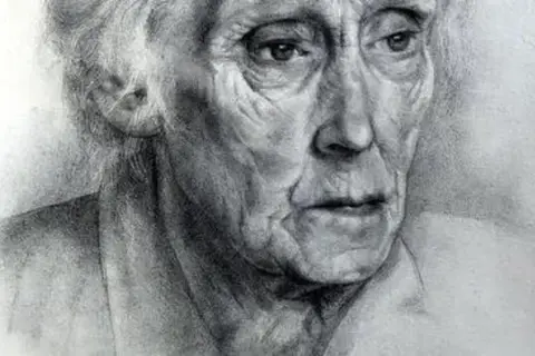 Gedetailleerde potloodtekening van een oudere man, Aart van Dobbenburgh, met diepe rimpels en een peinzende blik.
