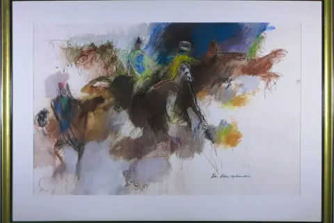 Abstracte paarden en ruiters in beweging, gesigneerd door Jan Peter van Opheusden. Kleurrijk en dynamisch pastelwerk.
