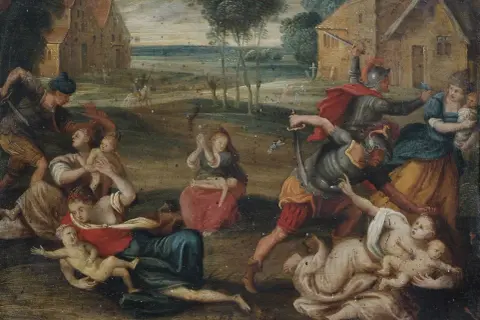 De kindermoord van Bethlehem: soldaten vallen moeders aan en grijpen baby's. Een gruwelijk tafereel.